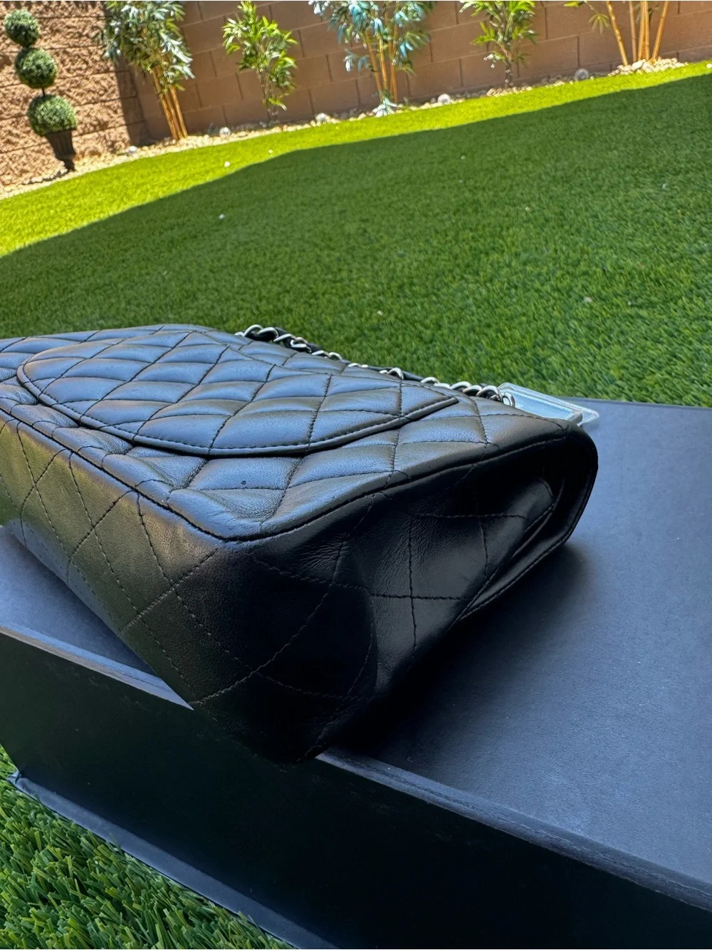 CHANEL Black Quilted Lambskin Shoulder Bag with Silver CC Lock